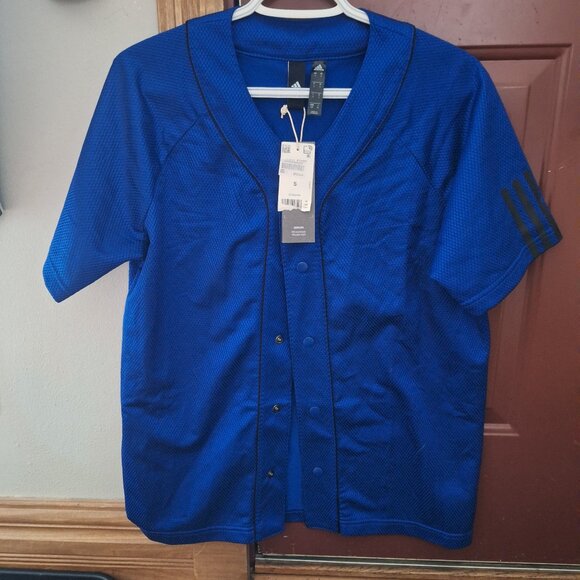 Adidas Sport Three Stripe Mesh Jersey Blue Baseball Style Snap Button Mens S - Picture 1 of 3